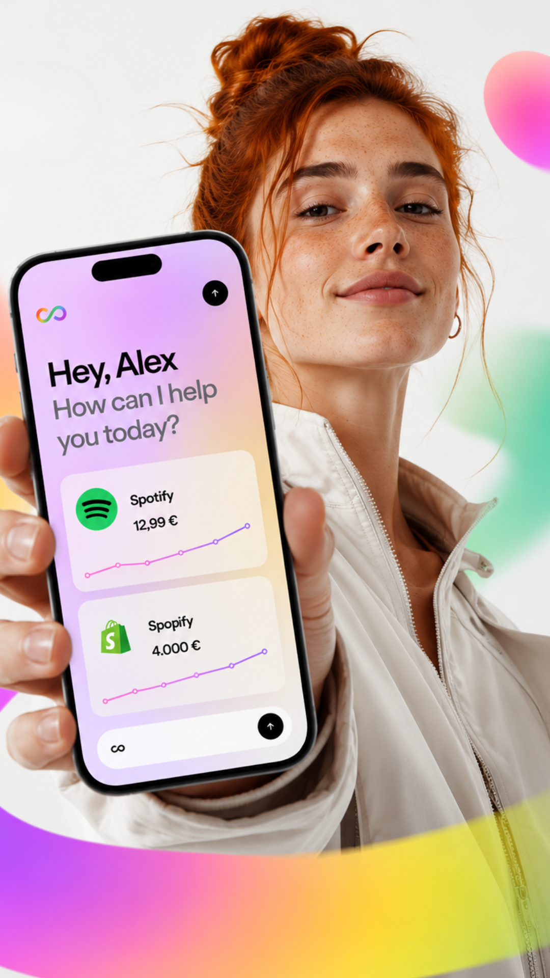 Woman holding phone with Hey Alex screen