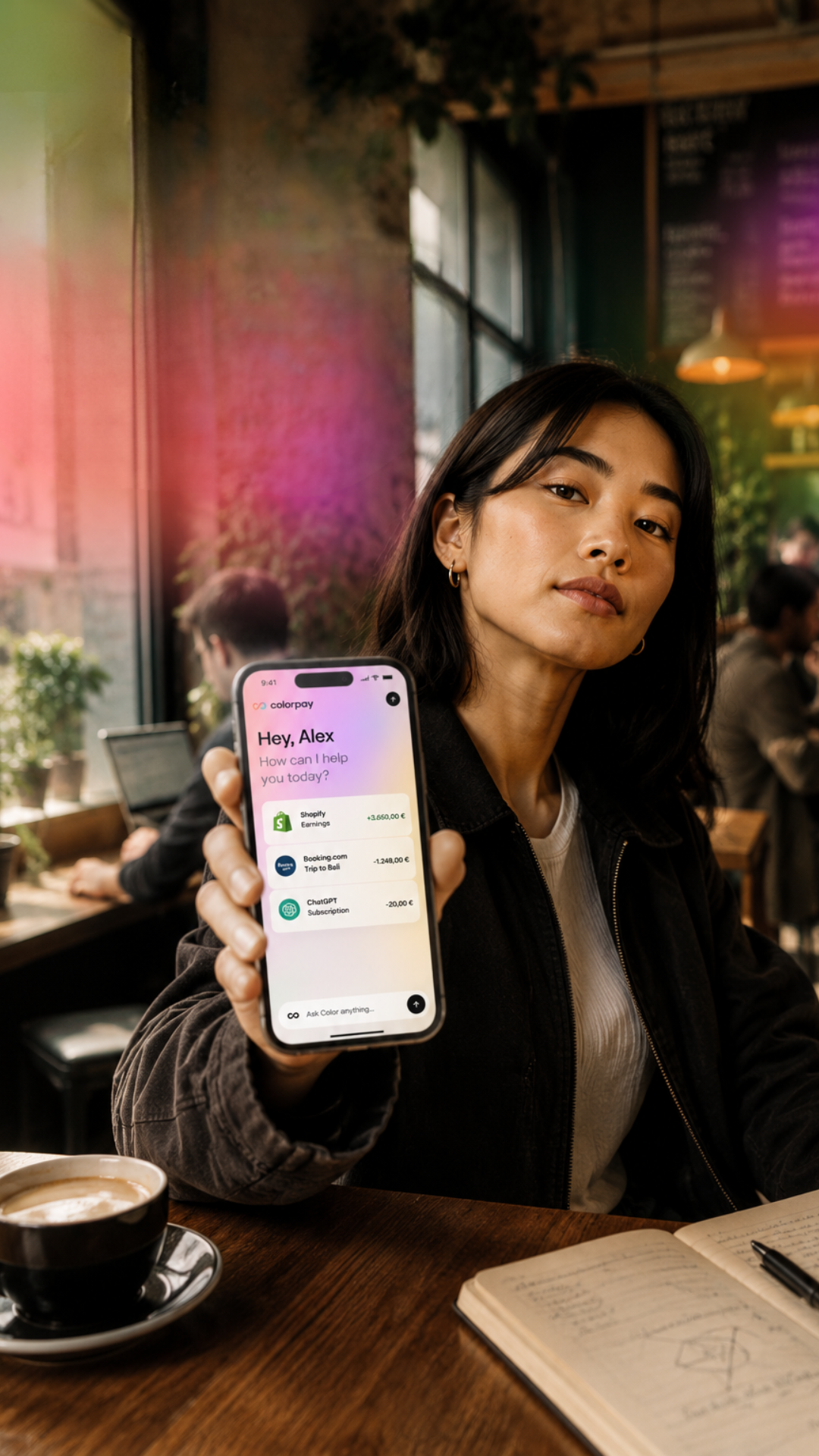 Woman in cafe holding phone with Hey Alex