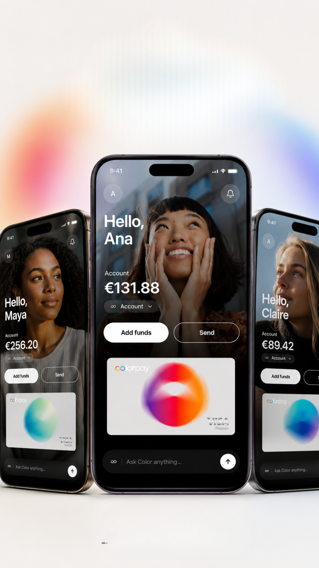 Three phones showing Color app with Hello Ana